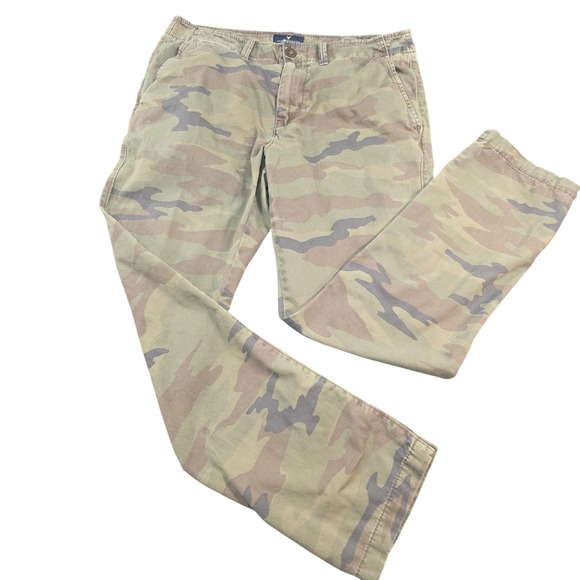 American Eagle Mens 33x32 Slim Straight Camo Casual Pants Cotton Blend - Picture 1 of 10